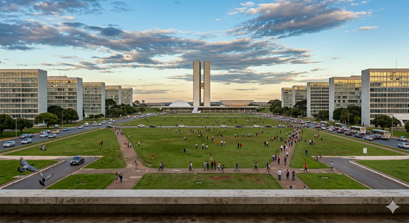 Edifício icônico da Esplanada dos Ministérios em Brasília sob a luz clara do dia, representando a administração pública federal que adota horários especiais para a Copa de 2026. (Foto: ClickFato/IA)